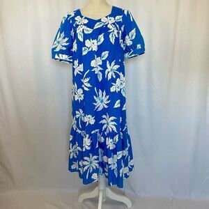 Vintage Royal Hawaiian Creations Dress Muumuu S Blue & White Floral Tiki Midi